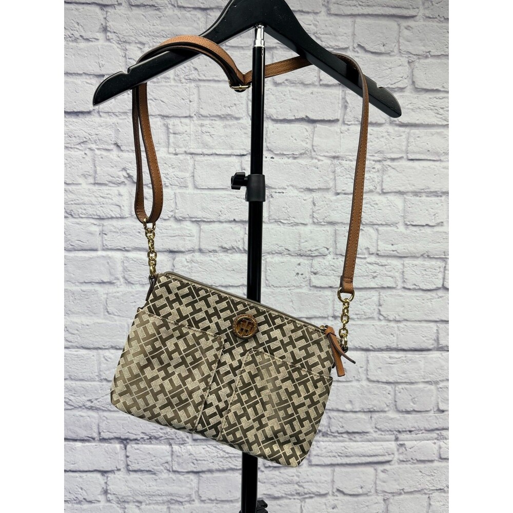 Tommy Hilfiger Women's Monogram Crossbody Bag Beige Brown Gold Tone